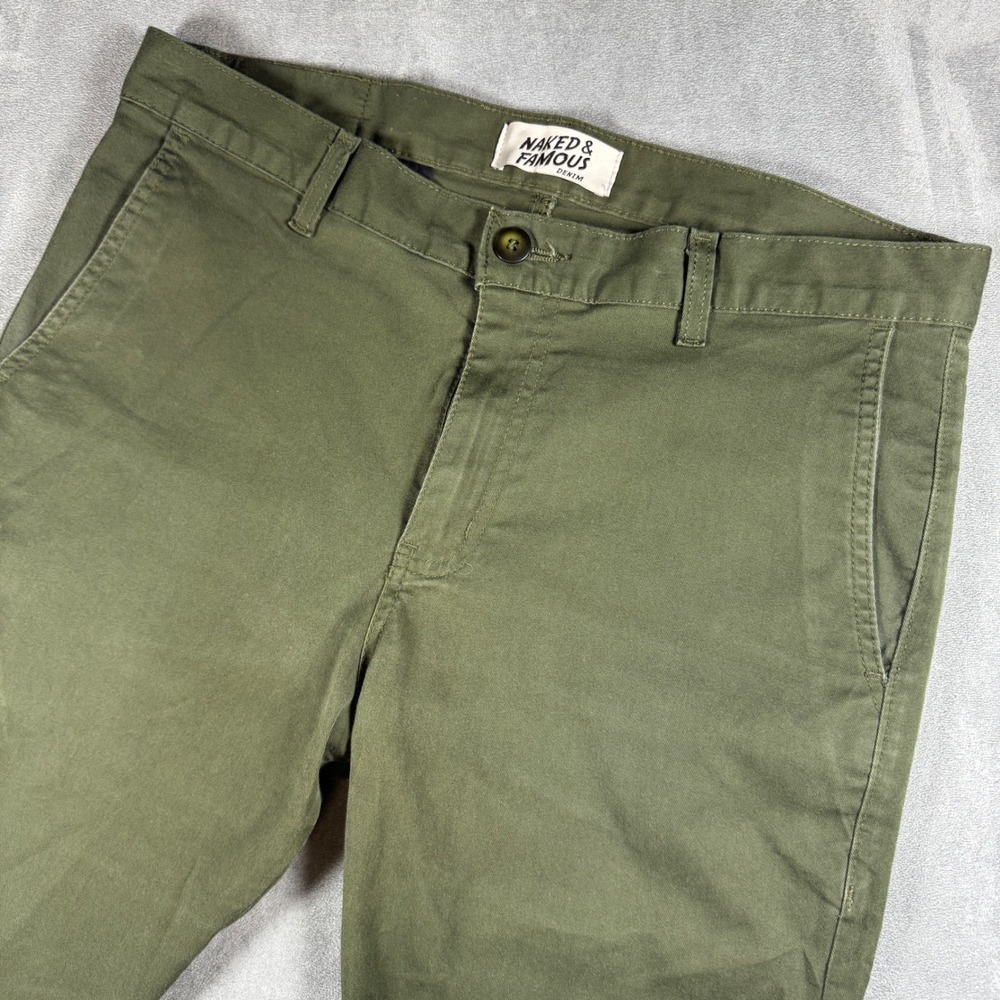 Naked & Famous Denim Slim Chino Khaki Green Stretch Twill Cotton Pants Mens 32